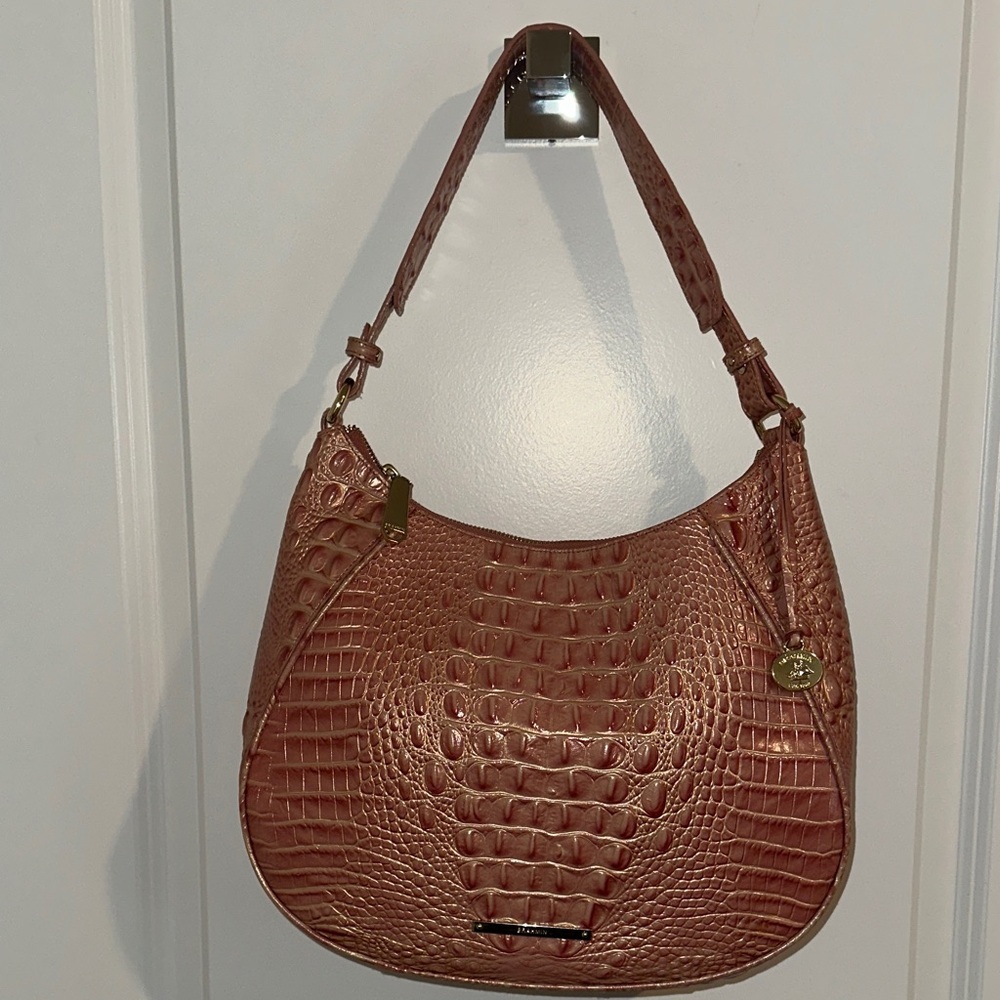 Brahmin Iconic Kathleen Pink Crocodile-Embossed Large Shoulder Bag